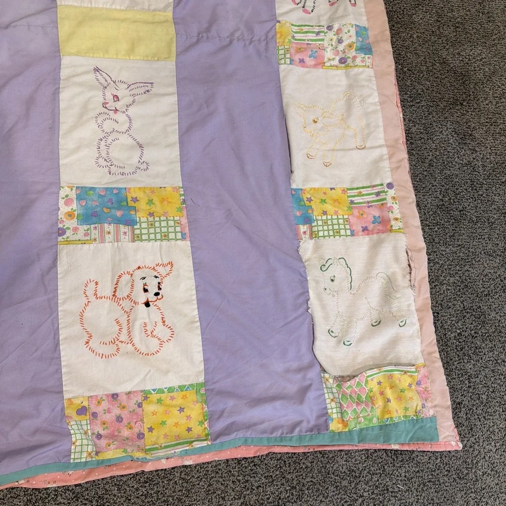 Vintage Handmade Embroidered‎ Baby Quilt